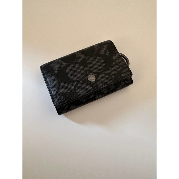 Coach Signature Five Ring Key Holder Card Case Wallet Black Signature Canvas - Picture 3 of 11